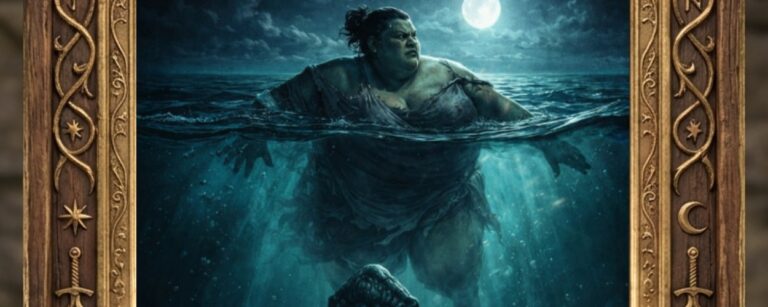 Fantasy-Filmplakat im reich verzierten Rahmen „Klassiker des Fantasykinos“: Nachtszene im Meer, oben schwimmt eine kräftige Ogerfrau an der Oberfläche im Mondlicht, unten steigt ein gigantischer See-Drache/Leviathan mit offenem Maul aus der Tiefe auf.