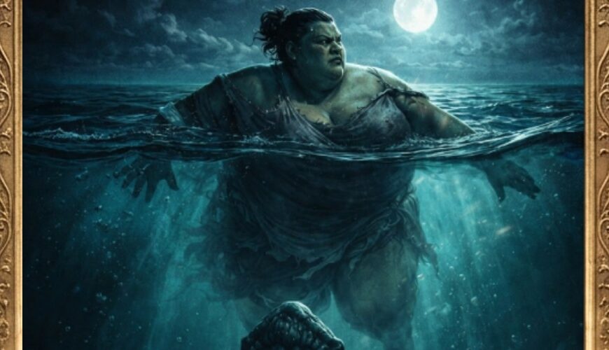 Fantasy-Filmplakat im reich verzierten Rahmen „Klassiker des Fantasykinos“: Nachtszene im Meer, oben schwimmt eine kräftige Ogerfrau an der Oberfläche im Mondlicht, unten steigt ein gigantischer See-Drache/Leviathan mit offenem Maul aus der Tiefe auf.