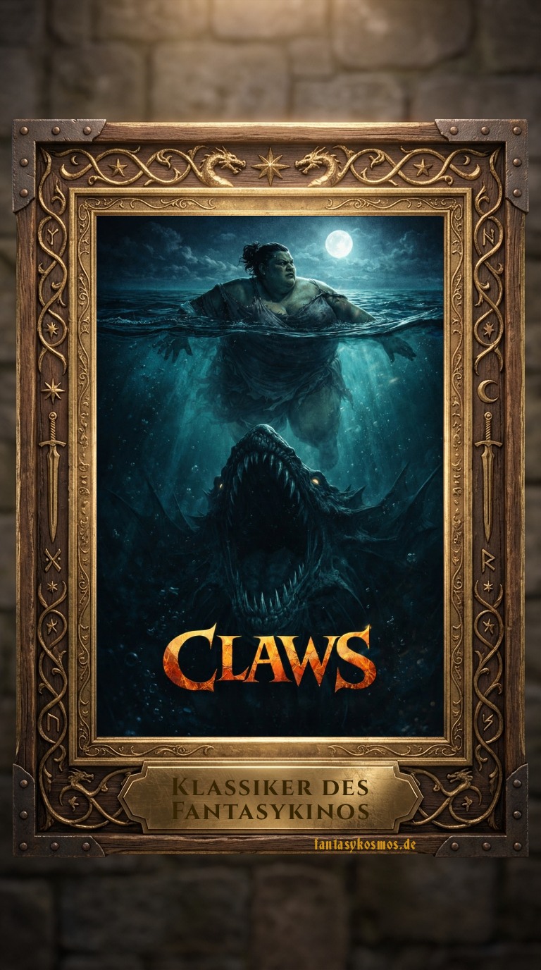 Fantasy-Filmplakat im reich verzierten Rahmen „Klassiker des Fantasykinos“: Nachtszene im Meer, oben schwimmt eine kräftige Ogerfrau an der Oberfläche im Mondlicht, unten steigt ein gigantischer See-Drache/Leviathan mit offenem Maul aus der Tiefe auf; in der Mitte der Titel „CLAWS“, Signatur „fantasykosmos.de“.