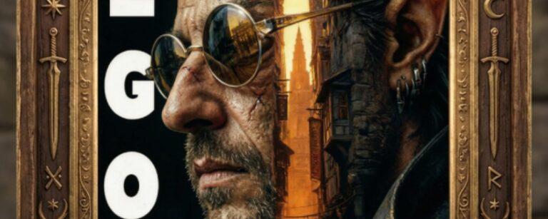 Fantasy-Filmplakat im verzierten Holzrahmen: Seitliches Nahporträt eines vernarbten, wortkargen Elfen-Assassinen mit kleinen runden Brillengläsern vor einer engen, dunklen Gasse aus schiefen Häusern im orangeglühenden Abendlicht. Links steht vertikal der Titel „LEGON“.