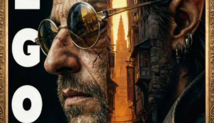 Fantasy-Filmplakat im verzierten Holzrahmen: Seitliches Nahporträt eines vernarbten, wortkargen Elfen-Assassinen mit kleinen runden Brillengläsern vor einer engen, dunklen Gasse aus schiefen Häusern im orangeglühenden Abendlicht. Links steht vertikal der Titel „LEGON“.