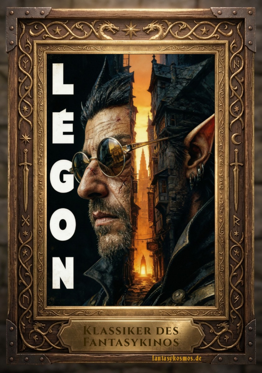 Fantasy-Filmplakat im verzierten Holzrahmen: Seitliches Nahporträt eines vernarbten, wortkargen Elfen-Assassinen mit kleinen runden Brillengläsern vor einer engen, dunklen Gasse aus schiefen Häusern im orangeglühenden Abendlicht. Links steht vertikal der Titel „LEGON“, unten am Rahmen die Plakette „Klassiker des Fantasykinos“, Signatur „fantasykosmos.de“.
