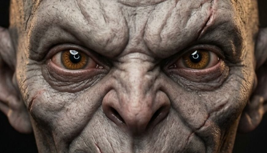 Werbemotiv im Hochformat als Parodie auf L’Oréal: Ein realistisch fotografierter, bösartig blickender Goblin-Dämon sitzt frontal im Friseurstuhl, trägt einen schwarzen Umhang, während behandschuhte Hände mit Kamm und Schere seine wenigen struppigen Haare schneiden.