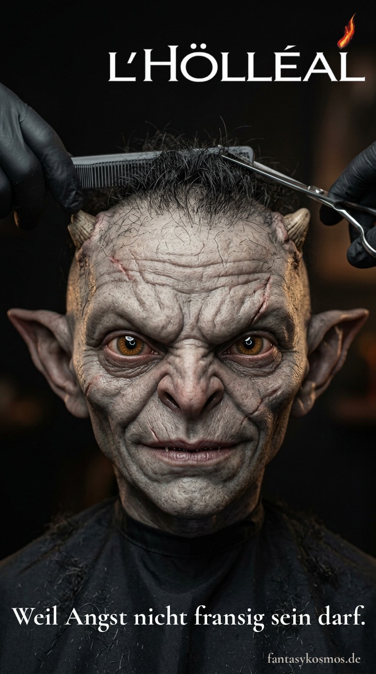 Werbemotiv im Hochformat als Parodie auf L’Oréal: Ein realistisch fotografierter, bösartig blickender Goblin-Dämon sitzt frontal im Friseurstuhl, trägt einen schwarzen Umhang, während behandschuhte Hände mit Kamm und Schere seine wenigen struppigen Haare schneiden. Oben steht „L’HÖLLÉAL“, unten der Slogan „Weil Angst nicht fransig sein darf.“ Unten rechts die Signatur „fantasykosmos.de“.
