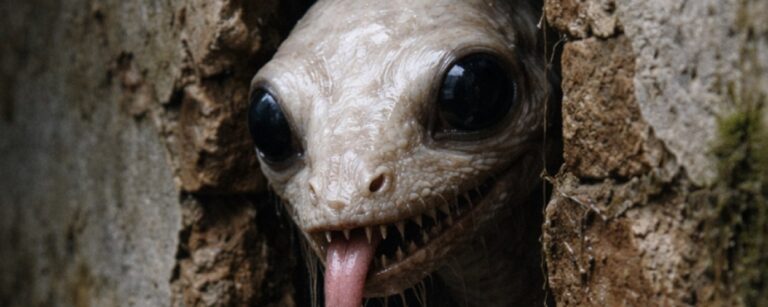 Makroartiges Fantasy-Naturfoto im Hochformat: Ein blasser Mauerzipfer mit feuchter Kalkhaut, riesigen schwarzen Augen, langer Zunge und knochigen Krallen lugt aus einer rissigen Wandöffnung. Die nasse, bröckelige Mauer und die dunkle Kellerstimmung lassen die Szene wie einen unheimlichen Naturfund wirken.