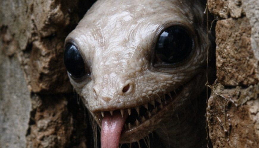 Makroartiges Fantasy-Naturfoto im Hochformat: Ein blasser Mauerzipfer mit feuchter Kalkhaut, riesigen schwarzen Augen, langer Zunge und knochigen Krallen lugt aus einer rissigen Wandöffnung. Die nasse, bröckelige Mauer und die dunkle Kellerstimmung lassen die Szene wie einen unheimlichen Naturfund wirken.