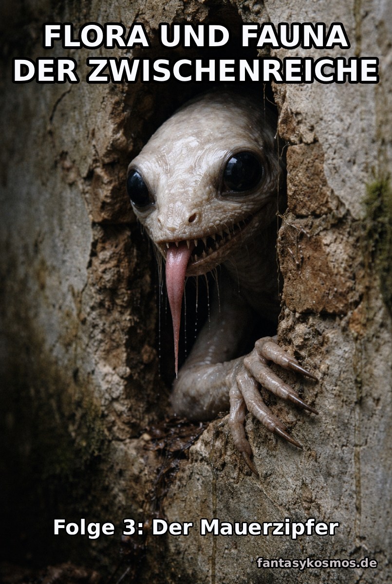 Makroartiges Fantasy-Naturfoto im Hochformat: Ein blasser Mauerzipfer mit feuchter Kalkhaut, riesigen schwarzen Augen, langer Zunge und knochigen Krallen lugt aus einer rissigen Wandöffnung. Die nasse, bröckelige Mauer und die dunkle Kellerstimmung lassen die Szene wie einen unheimlichen Naturfund wirken. Unten rechts Signatur: fantasykosmos.de.