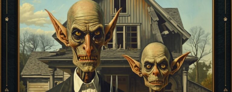 Parodie von Grant Woods „American Gothic“ im düsteren Fantasy-Stil: Ein hagerer Goblinbauer mit langer Mistgabel und seine streng blickende Frau stehen vor einem verfallenen Farmhaus mit schiefem Dach und gotischem Fenster. Beide wirken ausgemergelt, missbilligend und unheilvoll.