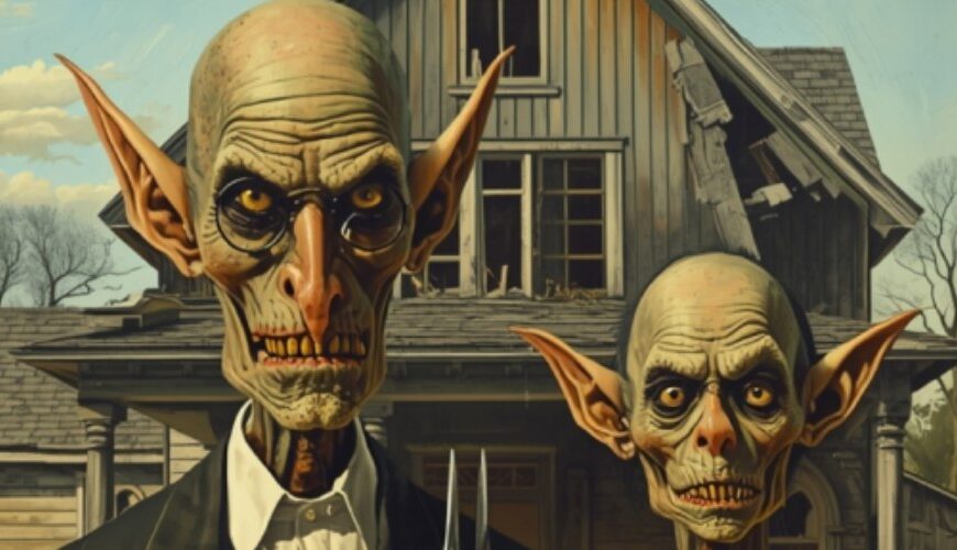 Parodie von Grant Woods „American Gothic“ im düsteren Fantasy-Stil: Ein hagerer Goblinbauer mit langer Mistgabel und seine streng blickende Frau stehen vor einem verfallenen Farmhaus mit schiefem Dach und gotischem Fenster. Beide wirken ausgemergelt, missbilligend und unheilvoll.