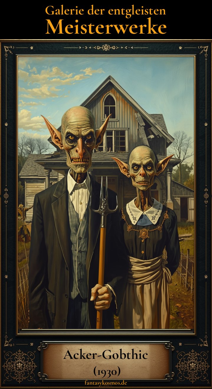 Parodie von Grant Woods „American Gothic“ im düsteren Fantasy-Stil: Ein hagerer Goblinbauer mit langer Mistgabel und seine streng blickende Frau stehen vor einem verfallenen Farmhaus mit schiefem Dach und gotischem Fenster. Beide wirken ausgemergelt, missbilligend und unheilvoll. Oben steht „Galerie der entgleisten Meisterwerke“, unten die Plakette „Acker-Gobthic (1930)“, Signatur „fantasykosmos.de“.