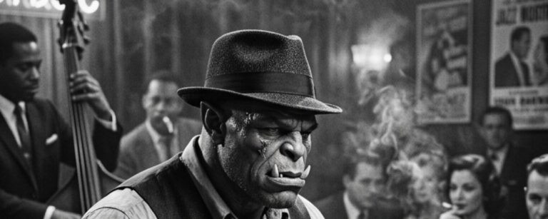 Schwarzweißes Fantasy-Jazzfoto im Hochformat: Ein massiger Ork mit Hut, Hemd, Weste und Krawatte sitzt konzentriert am Schlagzeug in einem verrauchten Jazzclub. Im Hintergrund spielen Kontrabassist und Pianist, während das Publikum zwischen Rauch, Whiskey und schwachem Bühnenlicht gebannt zusieht.