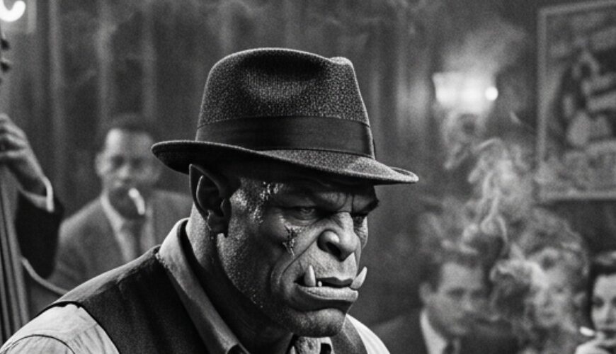 Schwarzweißes Fantasy-Jazzfoto im Hochformat: Ein massiger Ork mit Hut, Hemd, Weste und Krawatte sitzt konzentriert am Schlagzeug in einem verrauchten Jazzclub. Im Hintergrund spielen Kontrabassist und Pianist, während das Publikum zwischen Rauch, Whiskey und schwachem Bühnenlicht gebannt zusieht.