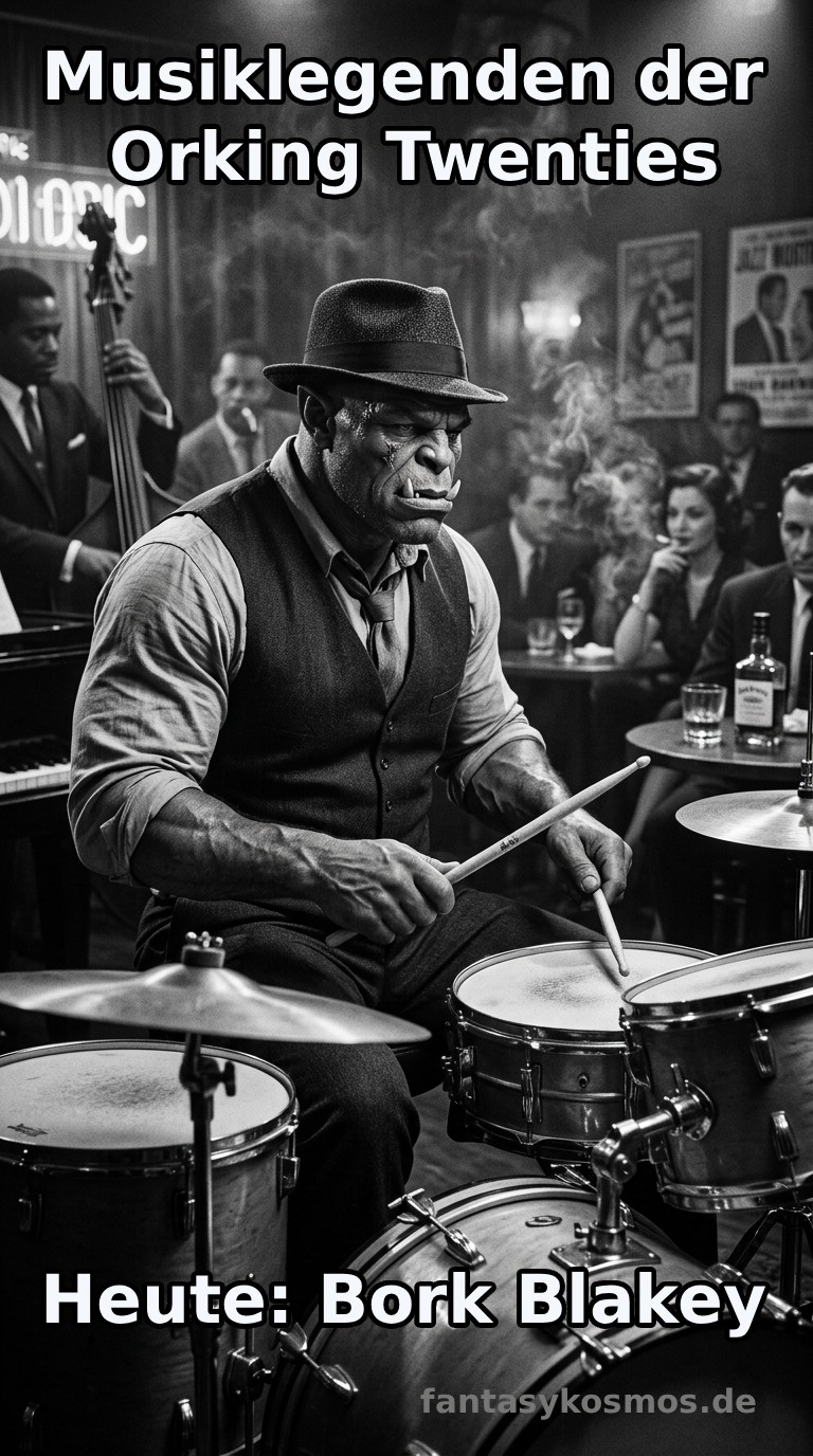 Schwarzweißes Fantasy-Jazzfoto im Hochformat: Ein massiger Ork mit Hut, Hemd, Weste und Krawatte sitzt konzentriert am Schlagzeug in einem verrauchten Jazzclub. Im Hintergrund spielen Kontrabassist und Pianist, während das Publikum zwischen Rauch, Whiskey und schwachem Bühnenlicht gebannt zusieht. Unten rechts Signatur: fantasykosmos.de.