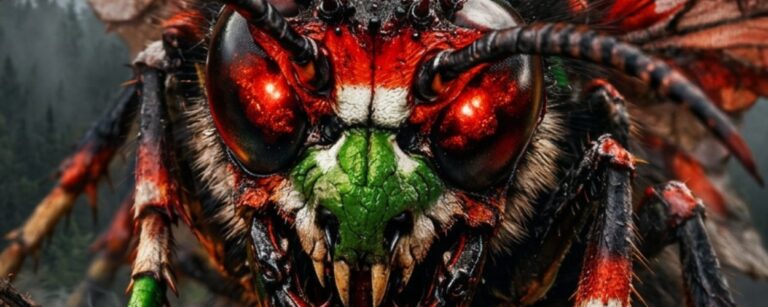 Makroartiges Fantasy-Naturfoto im Hochformat: Eine monströse dämonische Wespe in schwarz, rot, weiß und grün kriecht frontal über einen verkohlten Ast. Ihr Schädelgesicht wirkt höllisch, die Augen glühen, die Flügel schimmern in den Landesfarben. Im rauchigen Hintergrund erhebt sich unscharf das Hermannsdenkmal unter apokalyptischem Himmel. Unten rechts Signatur: fantasykosmos.de.