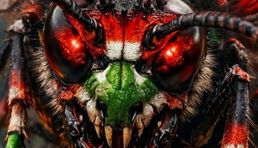 Makroartiges Fantasy-Naturfoto im Hochformat: Eine monströse dämonische Wespe in schwarz, rot, weiß und grün kriecht frontal über einen verkohlten Ast. Ihr Schädelgesicht wirkt höllisch, die Augen glühen, die Flügel schimmern in den Landesfarben. Im rauchigen Hintergrund erhebt sich unscharf das Hermannsdenkmal unter apokalyptischem Himmel. Unten rechts Signatur: fantasykosmos.de.