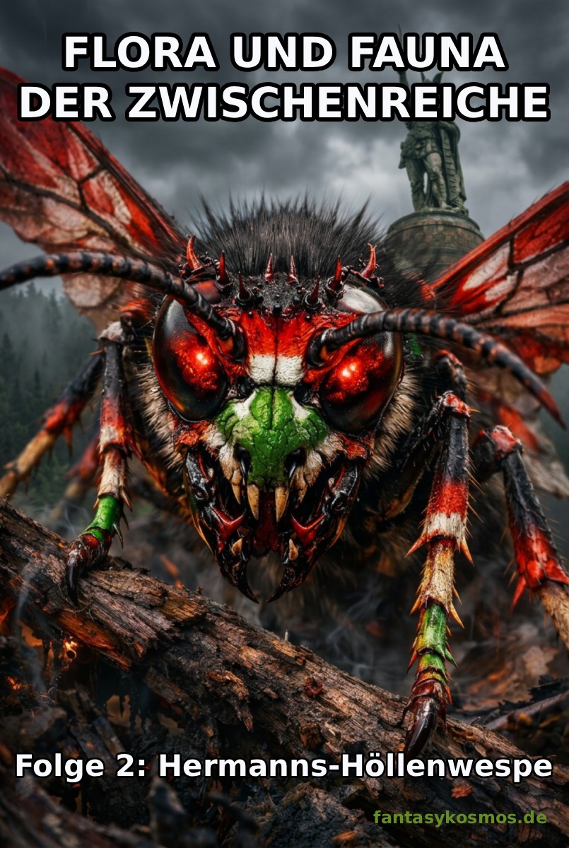 Makroartiges Fantasy-Naturfoto im Hochformat: Eine monströse dämonische Wespe in schwarz, rot, weiß und grün kriecht frontal über einen verkohlten Ast. Ihr Schädelgesicht wirkt höllisch, die Augen glühen, die Flügel schimmern in den Landesfarben. Im rauchigen Hintergrund erhebt sich unscharf das Hermannsdenkmal unter apokalyptischem Himmel. Unten rechts Signatur: fantasykosmos.de.