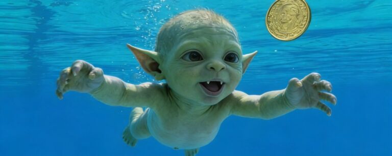Quadratisches Fantasy-Albumcover als Parodie auf einen legendären 90er-Klassiker: In klarem blauem Wasser schwimmt ein kleiner grünlicher Goblin-Säugling mit ausgebreiteten Armen auf eine goldene Münze an einer Angelschnur zu.