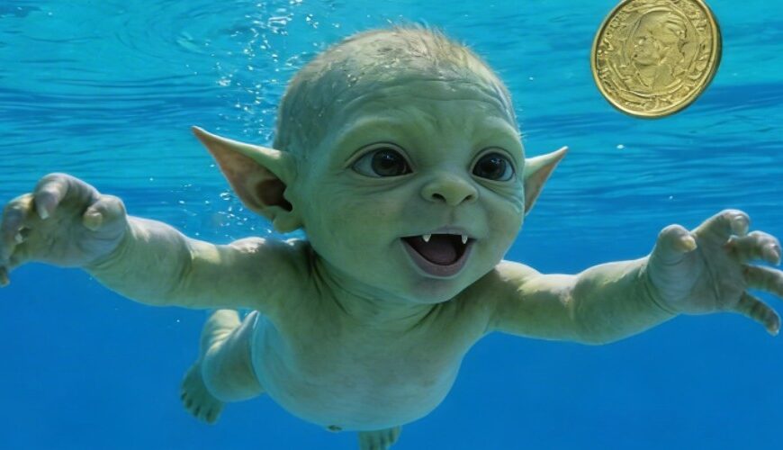 Quadratisches Fantasy-Albumcover als Parodie auf einen legendären 90er-Klassiker: In klarem blauem Wasser schwimmt ein kleiner grünlicher Goblin-Säugling mit ausgebreiteten Armen auf eine goldene Münze an einer Angelschnur zu.