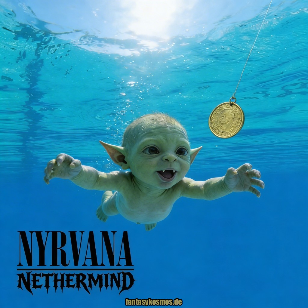 Quadratisches Fantasy-Albumcover als Parodie auf einen legendären 90er-Klassiker: In klarem blauem Wasser schwimmt ein kleiner grünlicher Goblin-Säugling mit ausgebreiteten Armen auf eine goldene Münze an einer Angelschnur zu. Unten links stehen in schwarzer Typografie die Worte „NYRVANA“ und „NETHERMIND“.