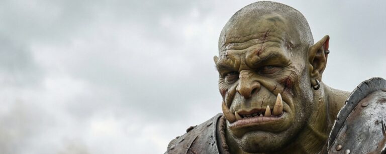 Meme/Anzeige: Ein massiver Ork sitzt im Feldlager mit Axt und hält eine schwarze Dose „Black Rune“; Text: „BLACK RUNE – verleiht Schädel.“ unten „fantasykosmos.de“.