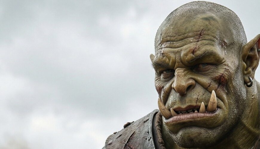 Meme/Anzeige: Ein massiver Ork sitzt im Feldlager mit Axt und hält eine schwarze Dose „Black Rune“; Text: „BLACK RUNE – verleiht Schädel.“ unten „fantasykosmos.de“.