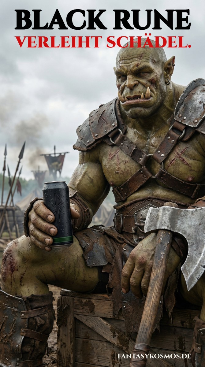 Meme/Anzeige: Ein massiver Ork sitzt im Feldlager mit Axt und hält eine schwarze Dose „Black Rune“; Text: „BLACK RUNE – verleiht Schädel.“ unten „fantasykosmos.de“.