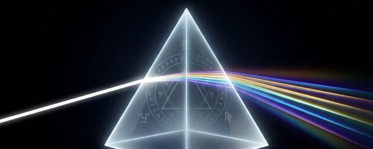 Minimalistisches Fantasy-Albumcover auf schwarzem Hintergrund: Ein schwebendes, gläsernes Runenprisma wird von einem dünnen weißen Lichtstrahl von links getroffen und bricht rechts in einen farbigen Spektralstrahl auf. Im Prisma sind feine magische Sigillen und ein Kreis aus Runen sichtbar.