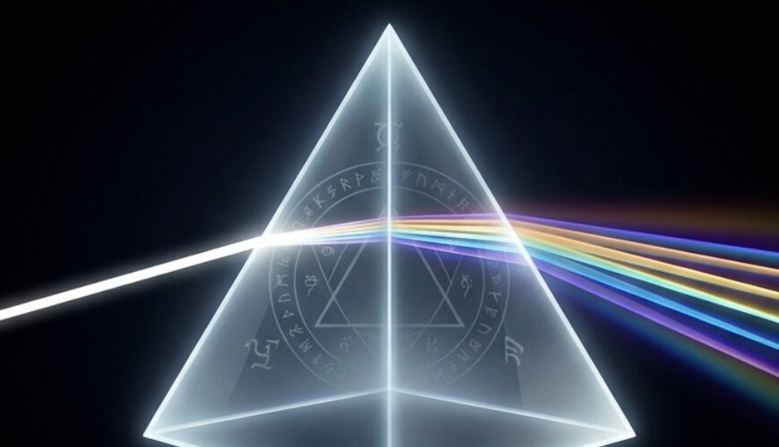 Minimalistisches Fantasy-Albumcover auf schwarzem Hintergrund: Ein schwebendes, gläsernes Runenprisma wird von einem dünnen weißen Lichtstrahl von links getroffen und bricht rechts in einen farbigen Spektralstrahl auf. Im Prisma sind feine magische Sigillen und ein Kreis aus Runen sichtbar.