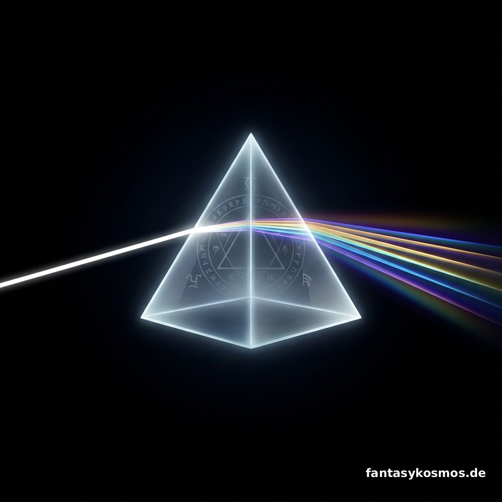 Minimalistisches Fantasy-Albumcover auf schwarzem Hintergrund: Ein schwebendes, gläsernes Runenprisma wird von einem dünnen weißen Lichtstrahl von links getroffen und bricht rechts in einen farbigen Spektralstrahl auf. Im Prisma sind feine magische Sigillen und ein Kreis aus Runen sichtbar.