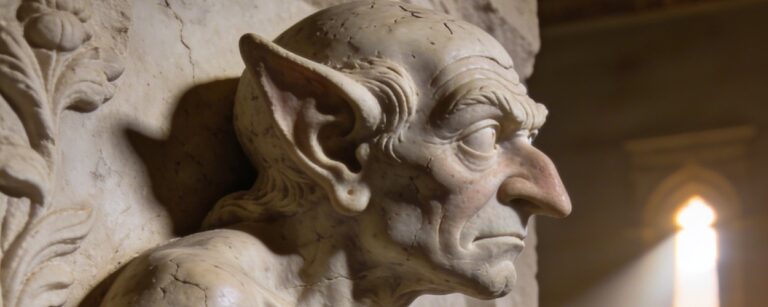 Historisch wirkender Fantasy-Fund im Hochformat: Eine hagere Goblinfigur aus hellem, rissigem Stein tritt plastisch aus einem antiken Relief hervor und hält eine steinerne Tafel in den Händen. Das lange Ohr, das scharfe Profil und der konzentrierte Blick verleihen der Figur etwas Strenges, Philosophisches und beinahe Priesterliches. Im Hintergrund fällt warmes Licht durch eine große Halle und verstärkt die feierlich-museale Atmosphäre.