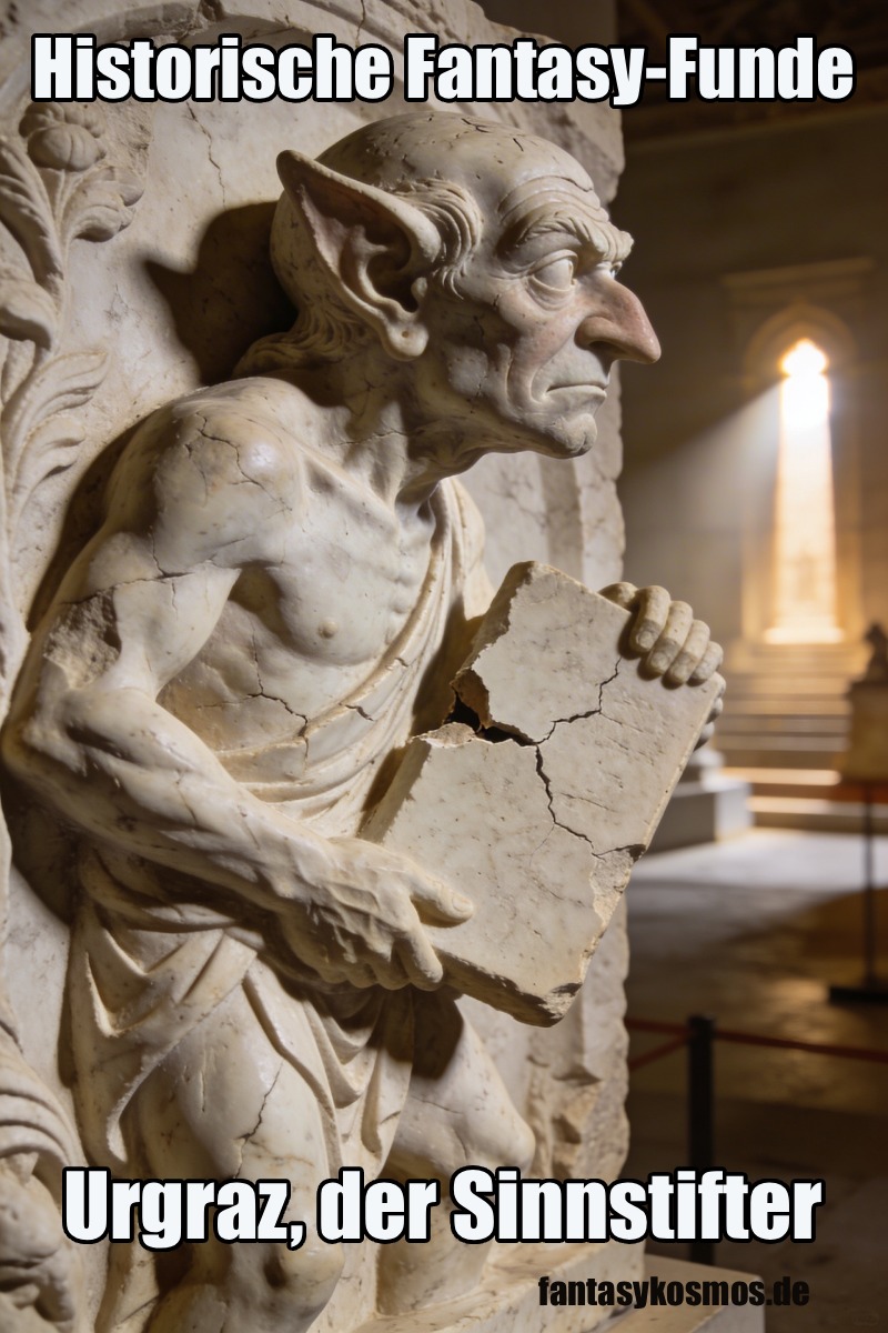 Historisch wirkender Fantasy-Fund im Hochformat: Eine hagere Goblinfigur aus hellem, rissigem Stein tritt plastisch aus einem antiken Relief hervor und hält eine steinerne Tafel in den Händen. Das lange Ohr, das scharfe Profil und der konzentrierte Blick verleihen der Figur etwas Strenges, Philosophisches und beinahe Priesterliches. Im Hintergrund fällt warmes Licht durch eine große Halle und verstärkt die feierlich-museale Atmosphäre.