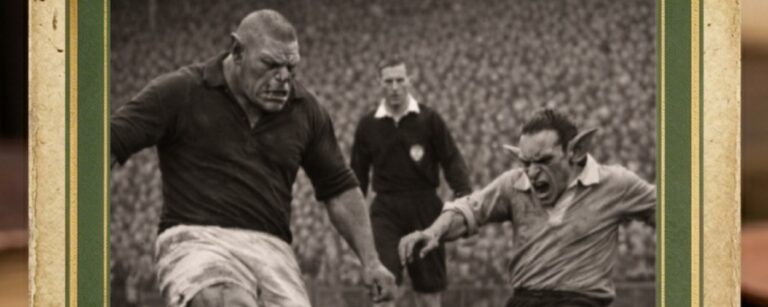Vintage-Sammelkarte mit Patina und grün-goldenem Rahmen: Schwarzweiß-Foto eines Fantasy-Fußballspiels, in dem ein massiger Ork und ein kleinerer, wütender Goblin um den Ball grätschen; im Hintergrund ein Schiedsrichter und volle Tribünen.