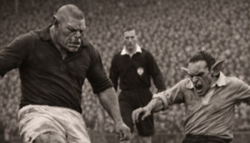 Vintage-Sammelkarte mit Patina und grün-goldenem Rahmen: Schwarzweiß-Foto eines Fantasy-Fußballspiels, in dem ein massiger Ork und ein kleinerer, wütender Goblin um den Ball grätschen; im Hintergrund ein Schiedsrichter und volle Tribünen.