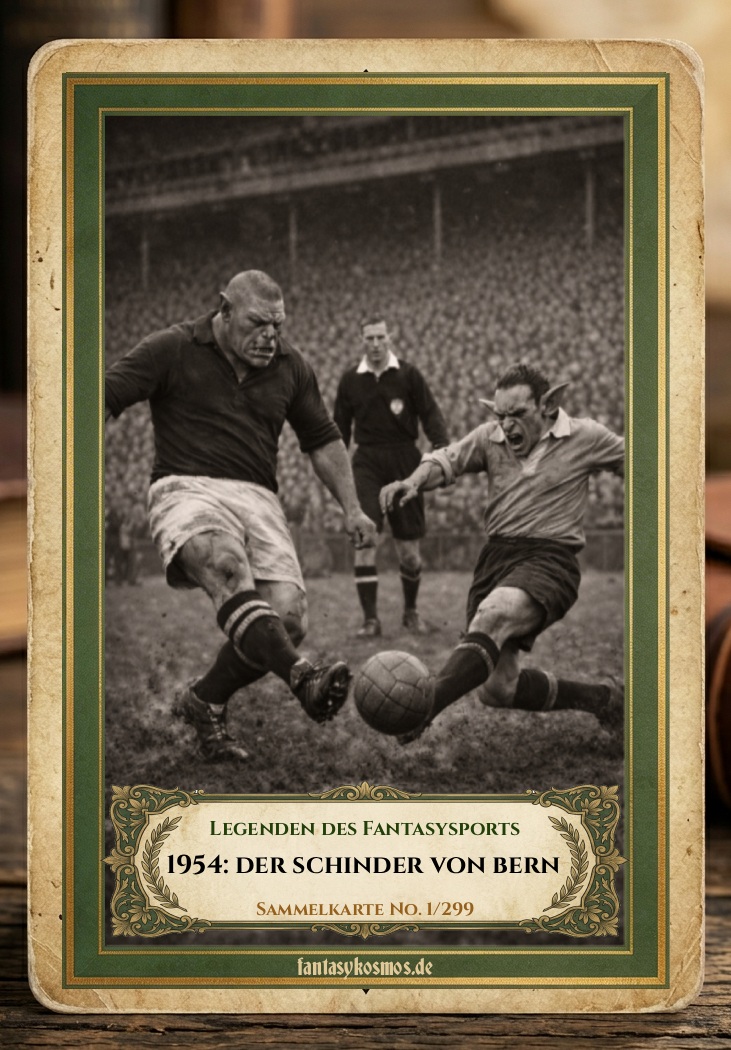 Vintage-Sammelkarte mit Patina und grün-goldenem Rahmen: Schwarzweiß-Foto eines Fantasy-Fußballspiels, in dem ein massiger Ork und ein kleinerer, wütender Goblin um den Ball grätschen; im Hintergrund ein Schiedsrichter und volle Tribünen. Aufdruck: „Legenden des Fantasysports – 1954: Der Schinder von Bern – Sammelkarte No. 1/299“, unten „fantasykosmos.de“.