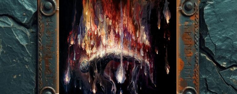 Albumcover Miserere Luminis – Sidera: abstraktes, malerisches Motiv auf schwarzem Grund; oben ein vertikaler Schwall aus rot-orange-violetten und hellen, irisierenden Farbstreifen, die wie flüssiges Licht herabtropfen; darunter eine dunkle, bogenförmige Form wie ein Tor oder Horizont; insgesamt wirkt es wie Lichtfäden im Nichts.