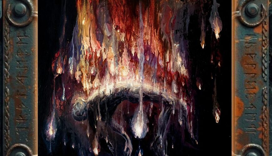 Albumcover Miserere Luminis – Sidera: abstraktes, malerisches Motiv auf schwarzem Grund; oben ein vertikaler Schwall aus rot-orange-violetten und hellen, irisierenden Farbstreifen, die wie flüssiges Licht herabtropfen; darunter eine dunkle, bogenförmige Form wie ein Tor oder Horizont; insgesamt wirkt es wie Lichtfäden im Nichts.