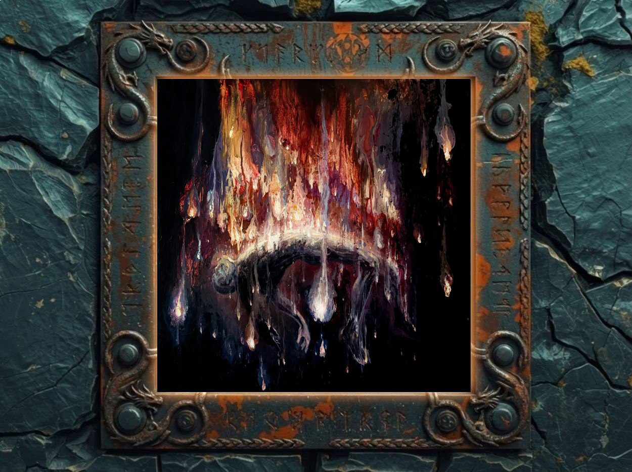 Albumcover Miserere Luminis – Sidera: abstraktes, malerisches Motiv auf schwarzem Grund; oben ein vertikaler Schwall aus rot-orange-violetten und hellen, irisierenden Farbstreifen, die wie flüssiges Licht herabtropfen; darunter eine dunkle, bogenförmige Form wie ein Tor oder Horizont; insgesamt wirkt es wie Lichtfäden im Nichts.