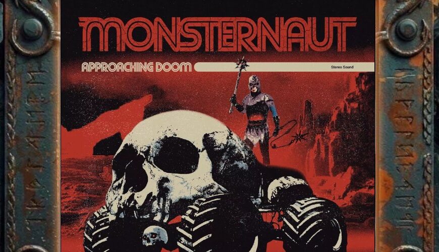 Albumcover von Monsternaut – Approaching Doom: riesiger Totenschädel auf Monsterreifen in roter Endzeitlandschaft, daneben maskierter Barbar mit Morgenstern.