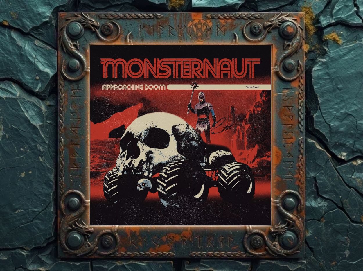 Albumcover von Monsternaut – Approaching Doom: riesiger Totenschädel auf Monsterreifen in roter Endzeitlandschaft, daneben maskierter Barbar mit Morgenstern.