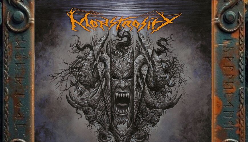 Albumcover Monstrosity – Screams from Beneath the Surface: dämonische, schreiende Fratze aus Hörnern, Schädeln, Knochen und verwachsenen Leibern vor düsterem grau-violetten Hintergrund, darüber das orange MONSTROSITY-Logo.