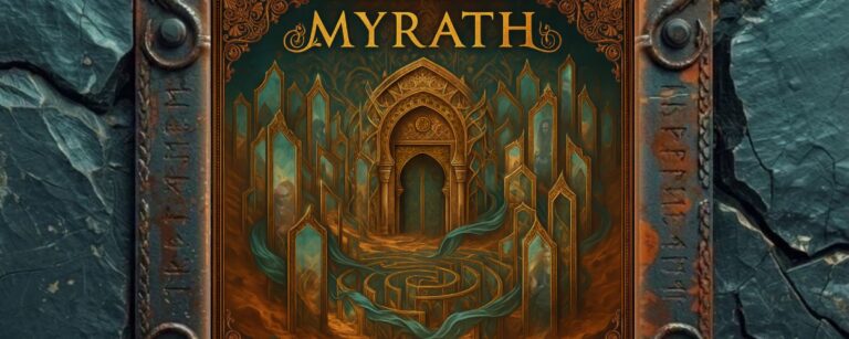 Albumcover von Myrath zu Wilderness Of Mirrors: goldener Torbogen vor spiegelartigen Monolithen in türkisfarbenem Wüstenlicht.