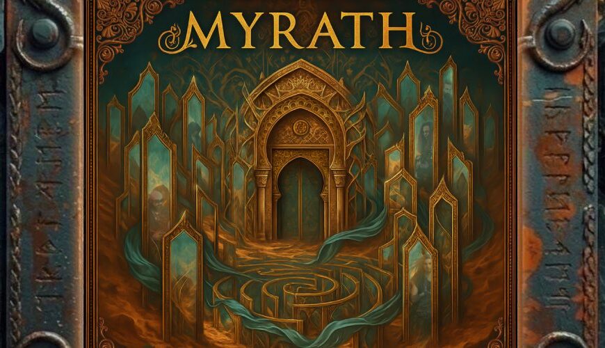 Albumcover von Myrath zu Wilderness Of Mirrors: goldener Torbogen vor spiegelartigen Monolithen in türkisfarbenem Wüstenlicht.