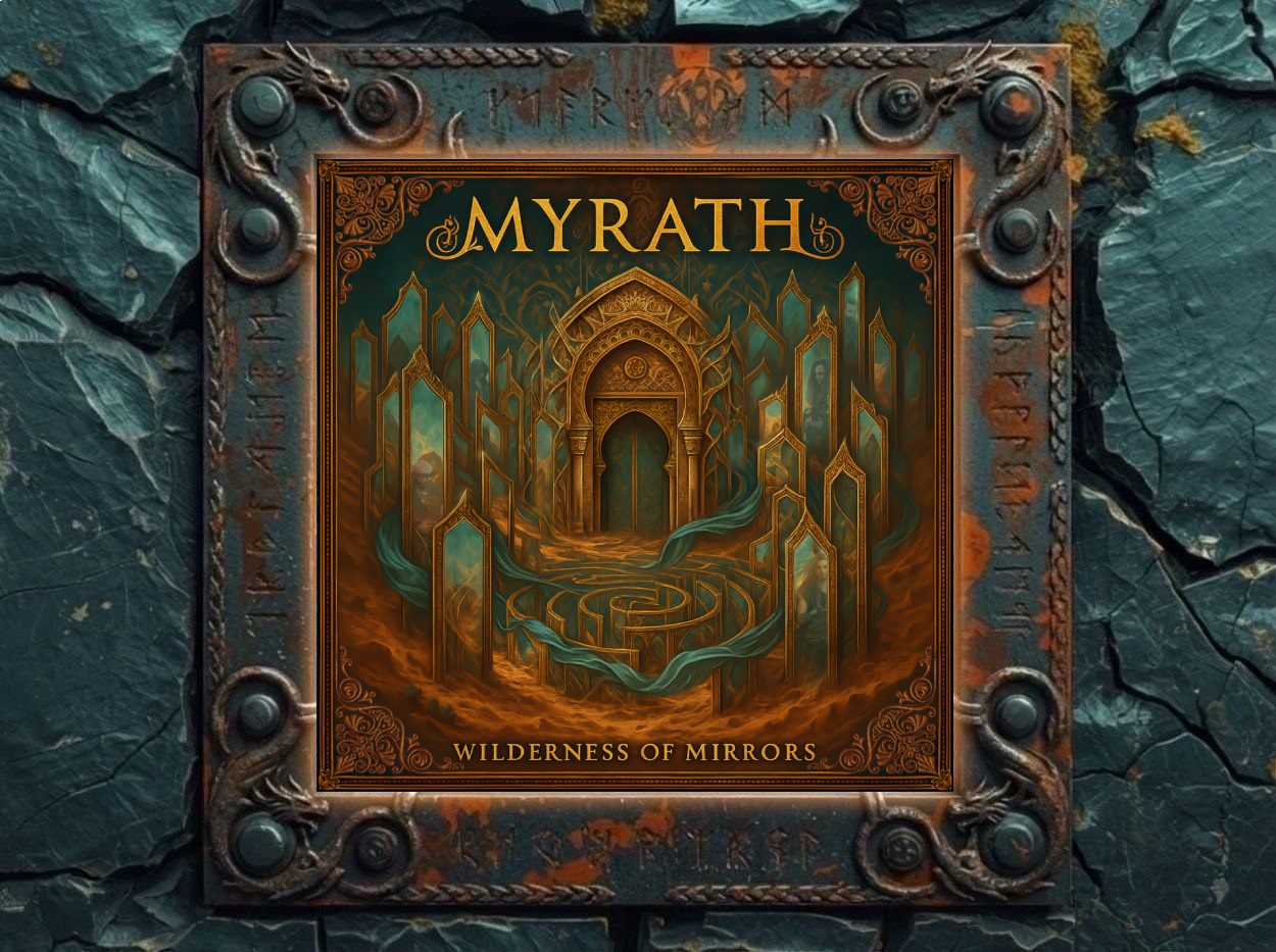 Albumcover von Myrath zu Wilderness Of Mirrors: goldener Torbogen vor spiegelartigen Monolithen in türkisfarbenem Wüstenlicht.
