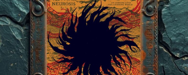 Albumcover von Neurosis – An Undying Love For A Burning World: schwarzer fransiger Sonnenknoten auf ocker-rotem, linienverzogenem Hintergrund