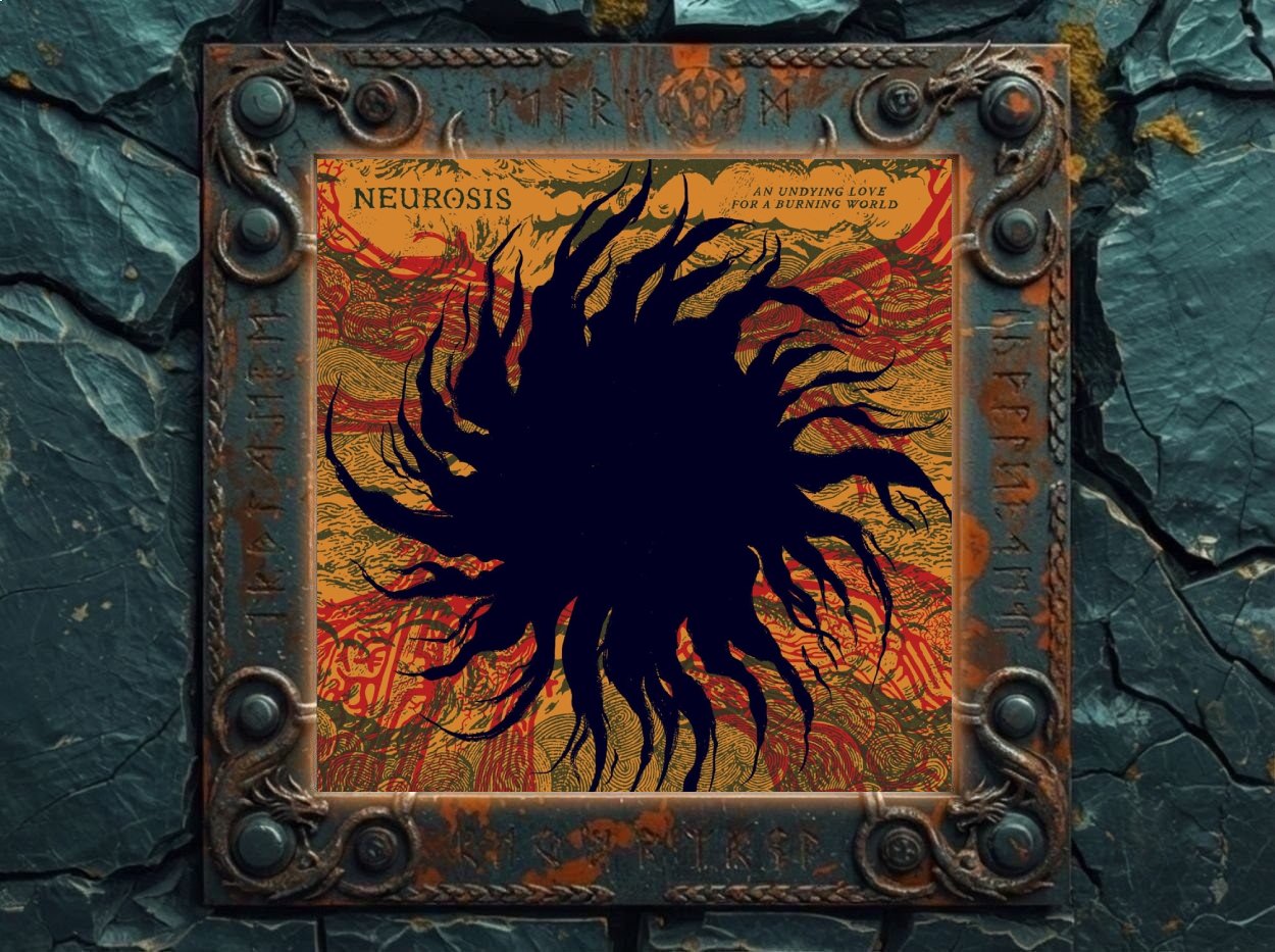 Albumcover von Neurosis – An Undying Love For A Burning World: schwarzer fransiger Sonnenknoten auf ocker-rotem, linienverzogenem Hintergrund