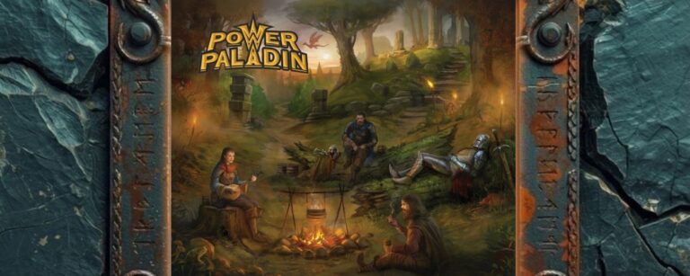 Albumcover von Power Paladin – Beyond The Reach Of Enchantment: Abenteurer an einem Lagerfeuer vor verwunschenen Ruinen in warmem Abendlicht.
