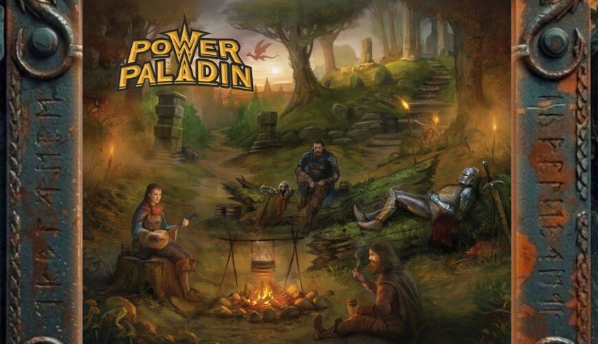 Albumcover von Power Paladin – Beyond The Reach Of Enchantment: Abenteurer an einem Lagerfeuer vor verwunschenen Ruinen in warmem Abendlicht.