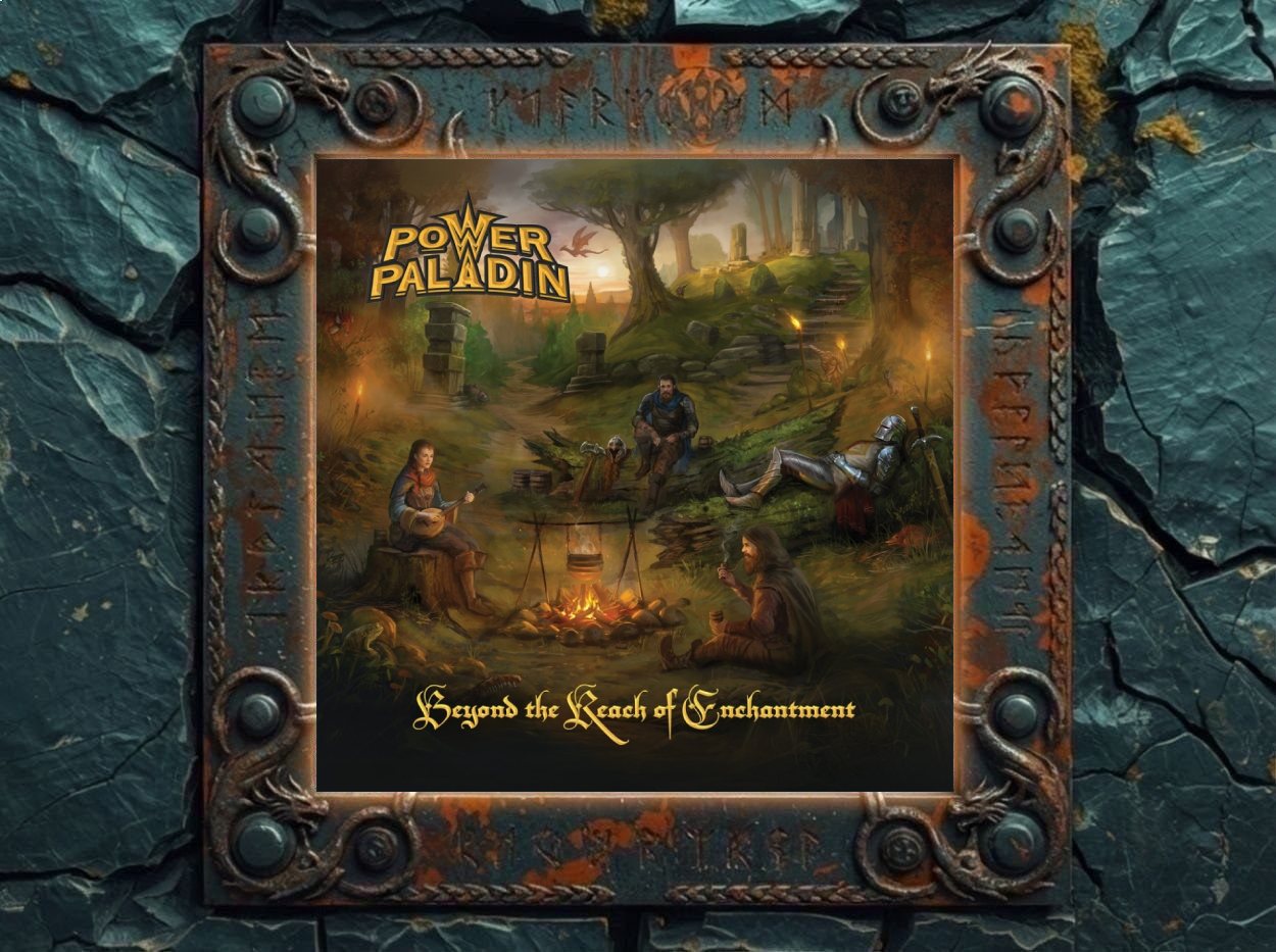 Albumcover von Power Paladin – Beyond The Reach Of Enchantment: Abenteurer an einem Lagerfeuer vor verwunschenen Ruinen in warmem Abendlicht.