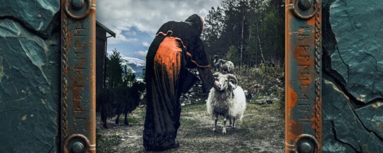 Albumcover SLAGMAUR – Hulders Ritual: Eine vermummte Gestalt im schwarzen Umhang mit orangefarbenem Rücken steht auf einem Hof am Waldrand und füttert ein weißes Schaf mit großen Hörnern, im Hintergrund weitere Tiere, dunkle Wolken, Nadelwald und Berge.