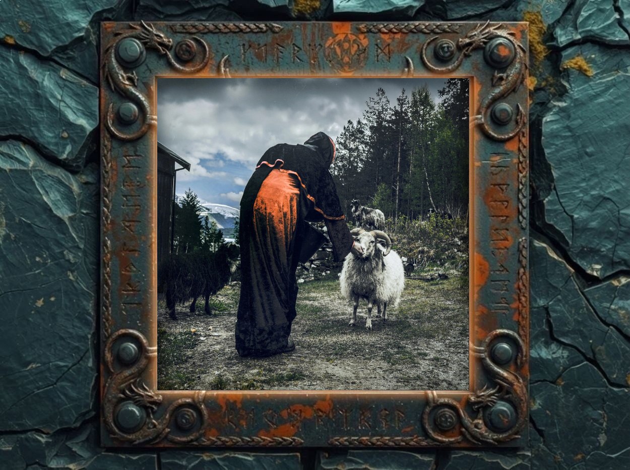 Albumcover SLAGMAUR – Hulders Ritual: Eine vermummte Gestalt im schwarzen Umhang mit orangefarbenem Rücken steht auf einem Hof am Waldrand und füttert ein weißes Schaf mit großen Hörnern, im Hintergrund weitere Tiere, dunkle Wolken, Nadelwald und Berge.